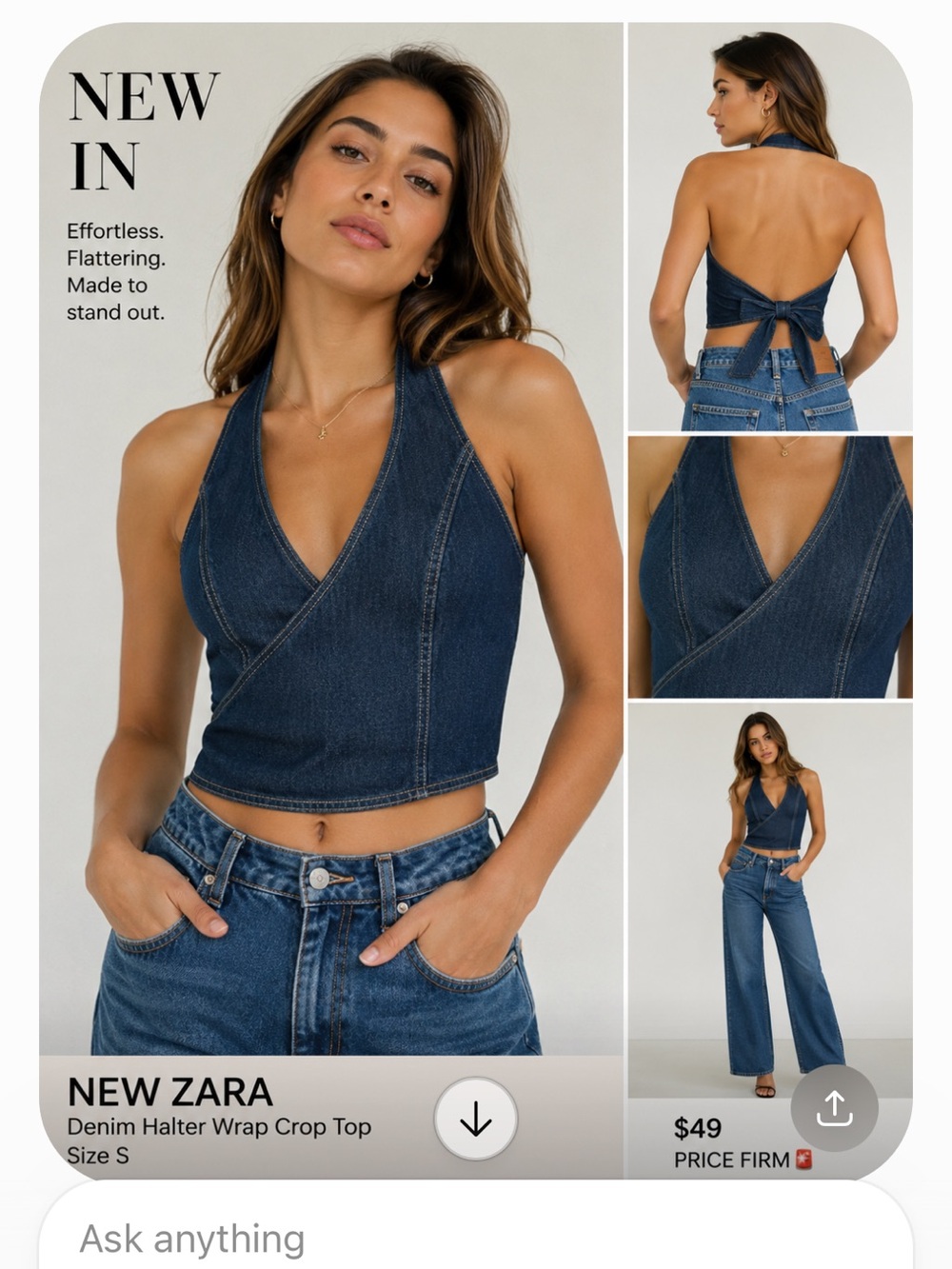 Zara Dark Blue Denim Halter Wrap Crop Top - Picture 2 of 6